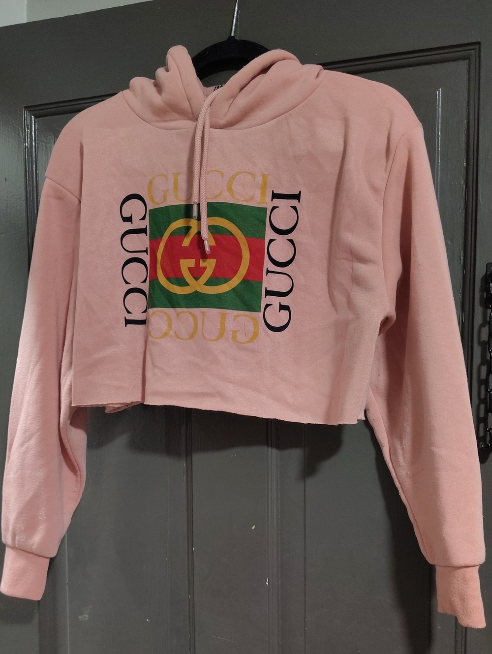 Gucci Pink Cropped Logo Hoodie with Green & Red Emblem